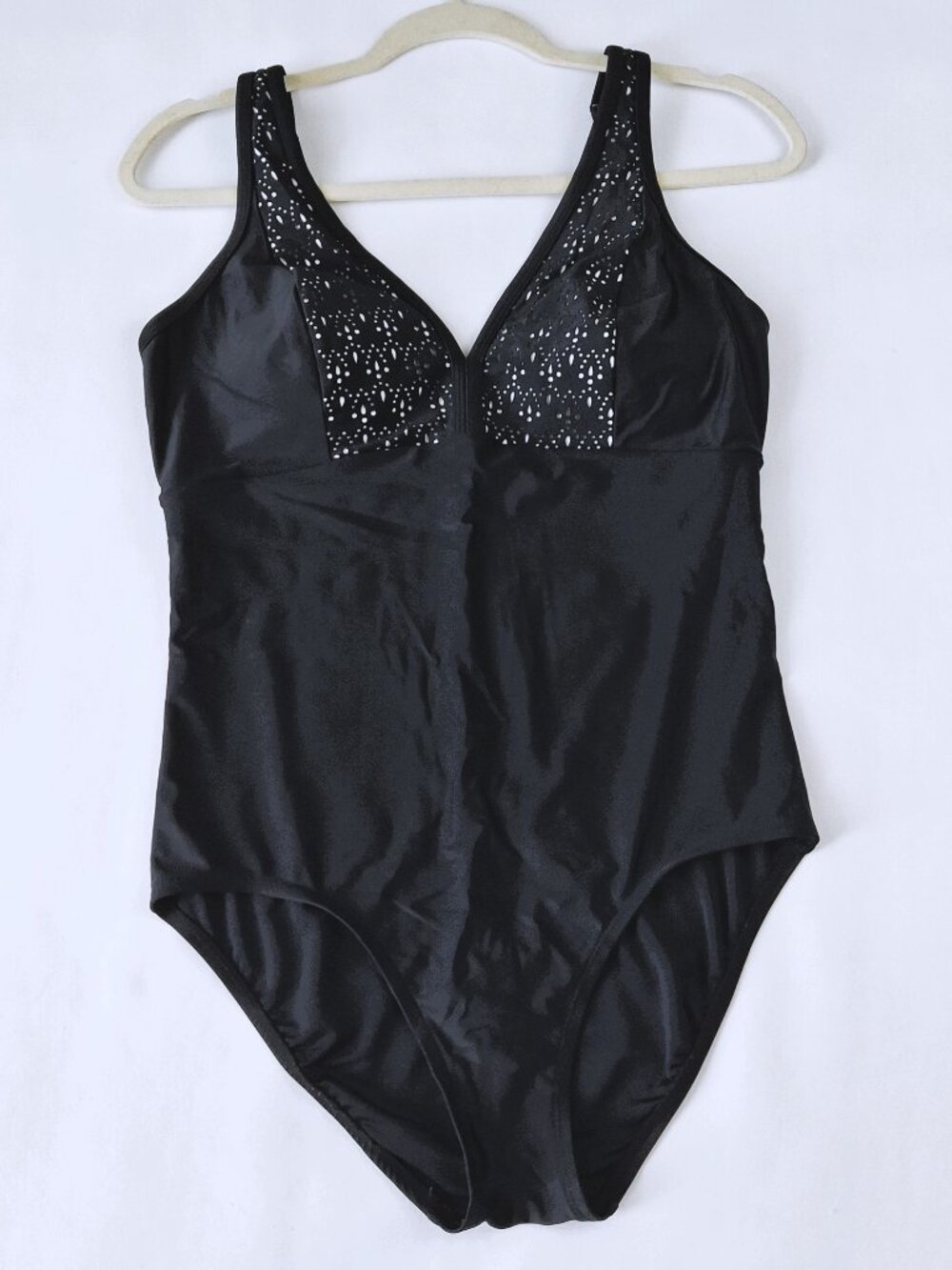 Krista Womens Sz M One Piece Laser Cut Black Swimsuit Slimming Mesh Front Lining